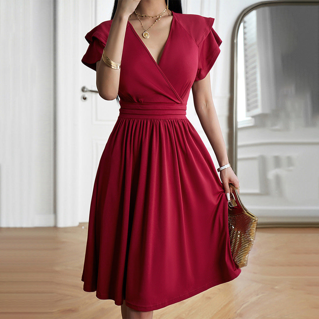Echoarchiv | V-Ausschnitt Einfarbig Kurzarmkleid Für Frauen