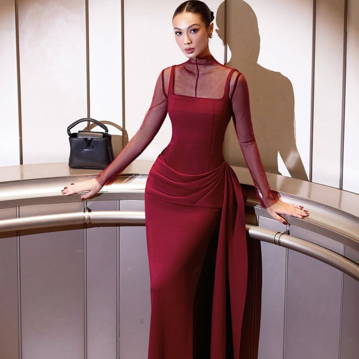 Damen Elegantes Maxikleid mit transparenten Ärmeln und drapiertem Rock Echo Archiv