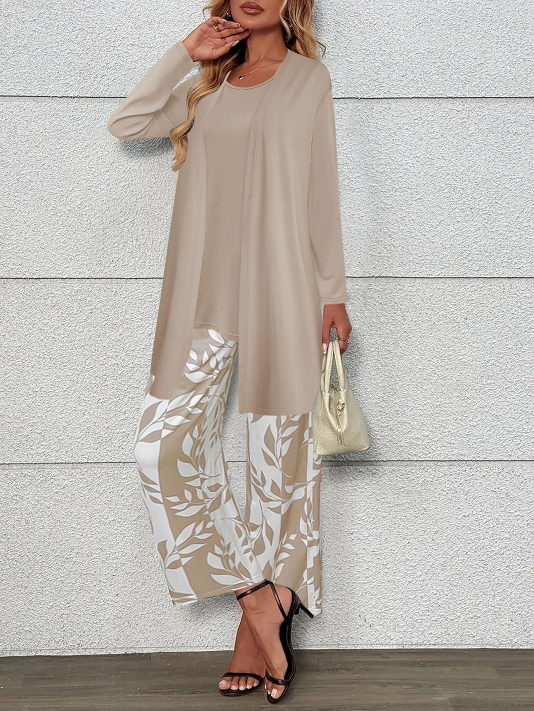 Damen Zweiteiler Offener Longcardigan mit Langarm und Palazzo‑Hose mit Blattprint – Élanora