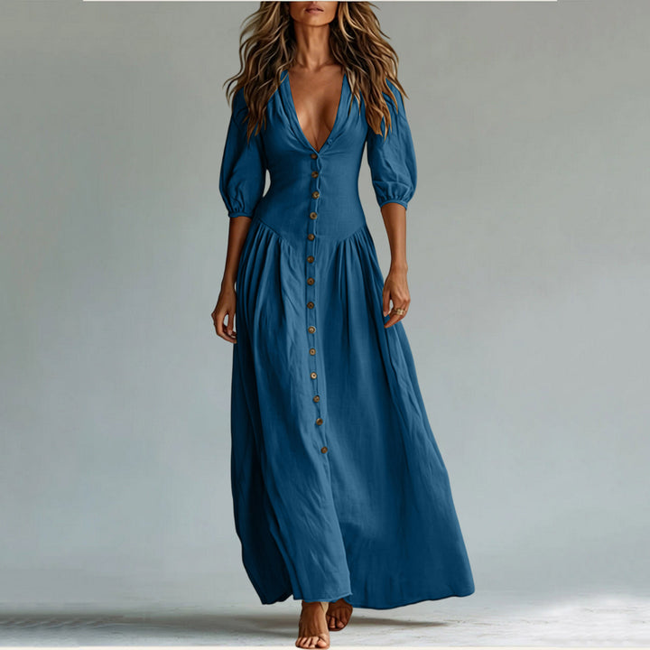 Damen Maxikleid mit tiefem V-Ausschnitt, durchgehender Knopfleiste und Ballonärmeln – Valéora