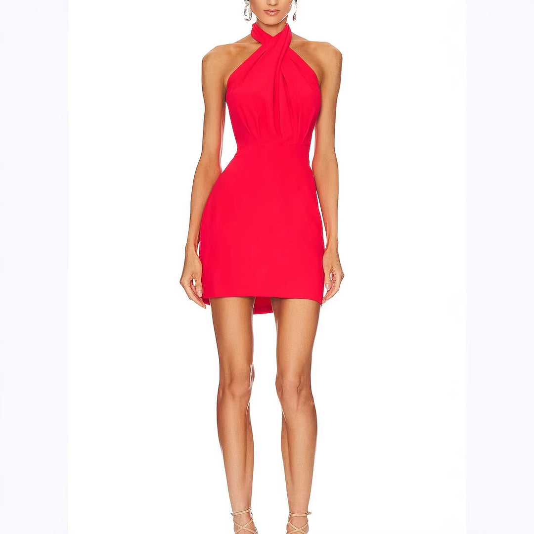 Damen elegantes Halterneck Minikleid mit figurbetontem Schnitt und raffinierter Drapierung Echo Archiv