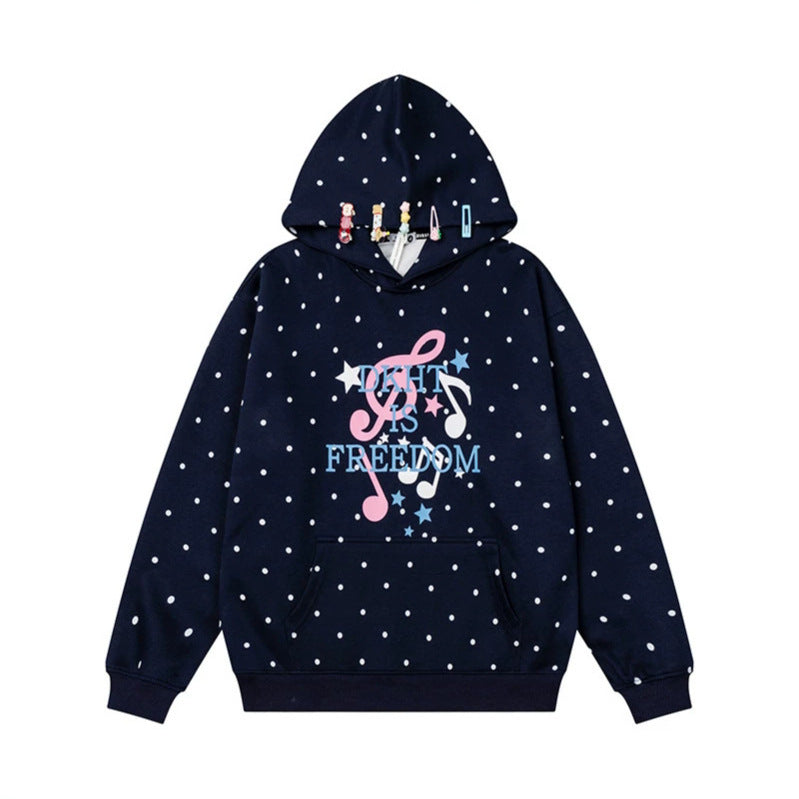 Damen Kapuzenpullover mit Polka-Dot, musikalischem Notenprint und Kängurutasche Echoarchiv