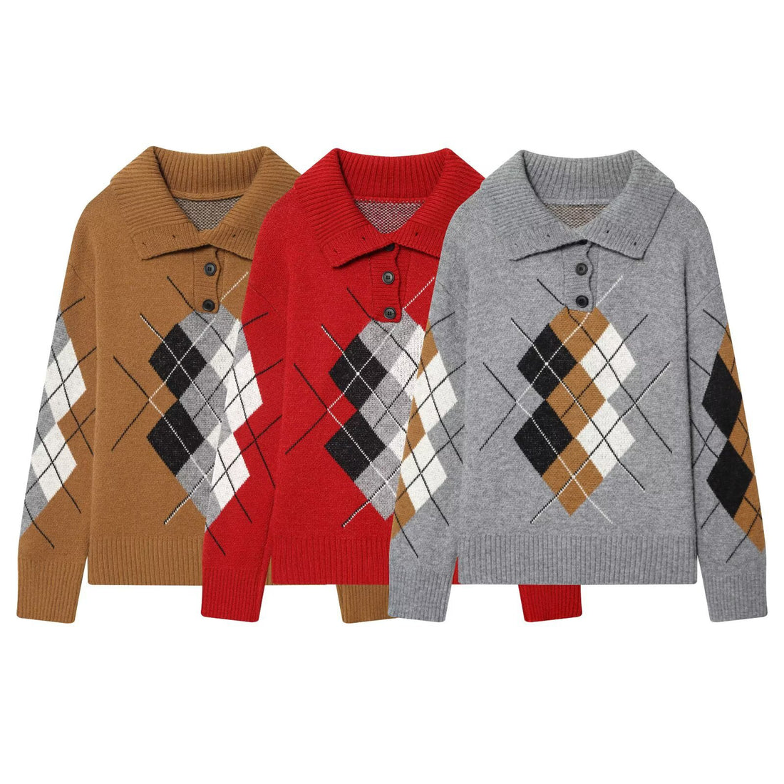 Damen Oversized Pullover mit Rautenmuster und Polokragen mit Knopfleiste Echoarchiv