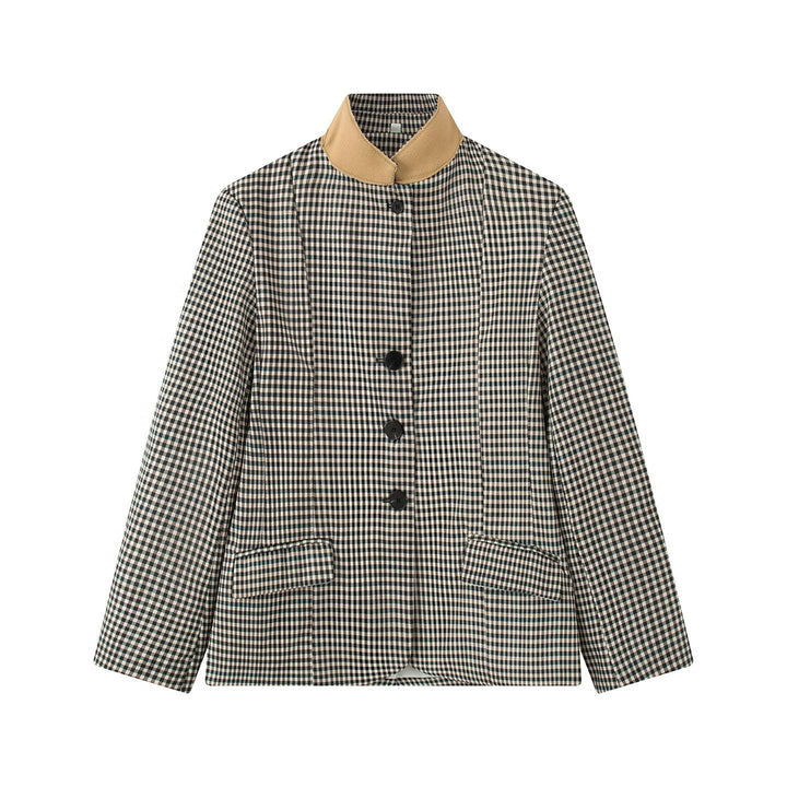 Damen Karierter Boxy‑Blazerjacke mit kontrastbesetztem Stehkragen und Pattentaschen Echo Archiv