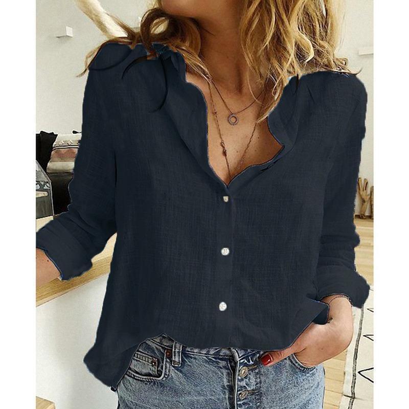 Damen Atmungsaktive Baumwoll‑Leinen Tunika‑Bluse mit Kentkragen, geknöpftem V‑Ausschnitt und gerundetem Saum – Élovi