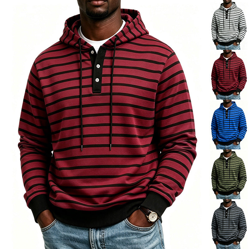 Herren Kapuzenpullover mit Henley-Knopfleiste und feinem Streifenstrukturmuster Echoarchiv