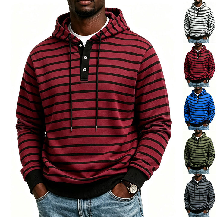 Herren Kapuzenpullover mit Henley-Knopfleiste und feinem Streifenstrukturmuster Echoarchiv