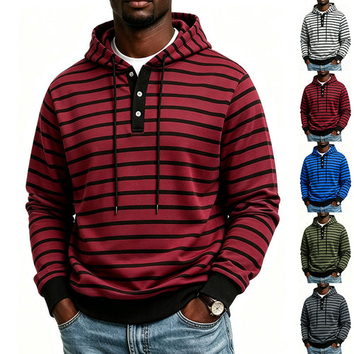 Herren Kapuzenpullover mit Henley-Knopfleiste und feinem Streifenstrukturmuster Echoarchiv