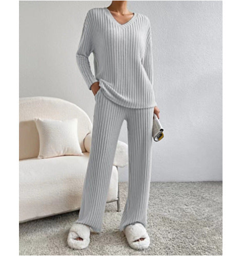 Damen Gemütliches Rippstrick-Loungewear-Set mit V-Ausschnitt und weitem Bein Echo Archiv