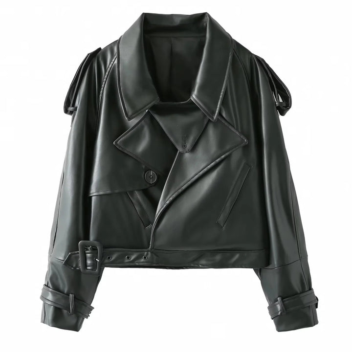 Damen cropped Kunstleder-Trenchblouson mit Schalkragen, Taillengürtel und verstellbaren Manschettenriemen – Célinea