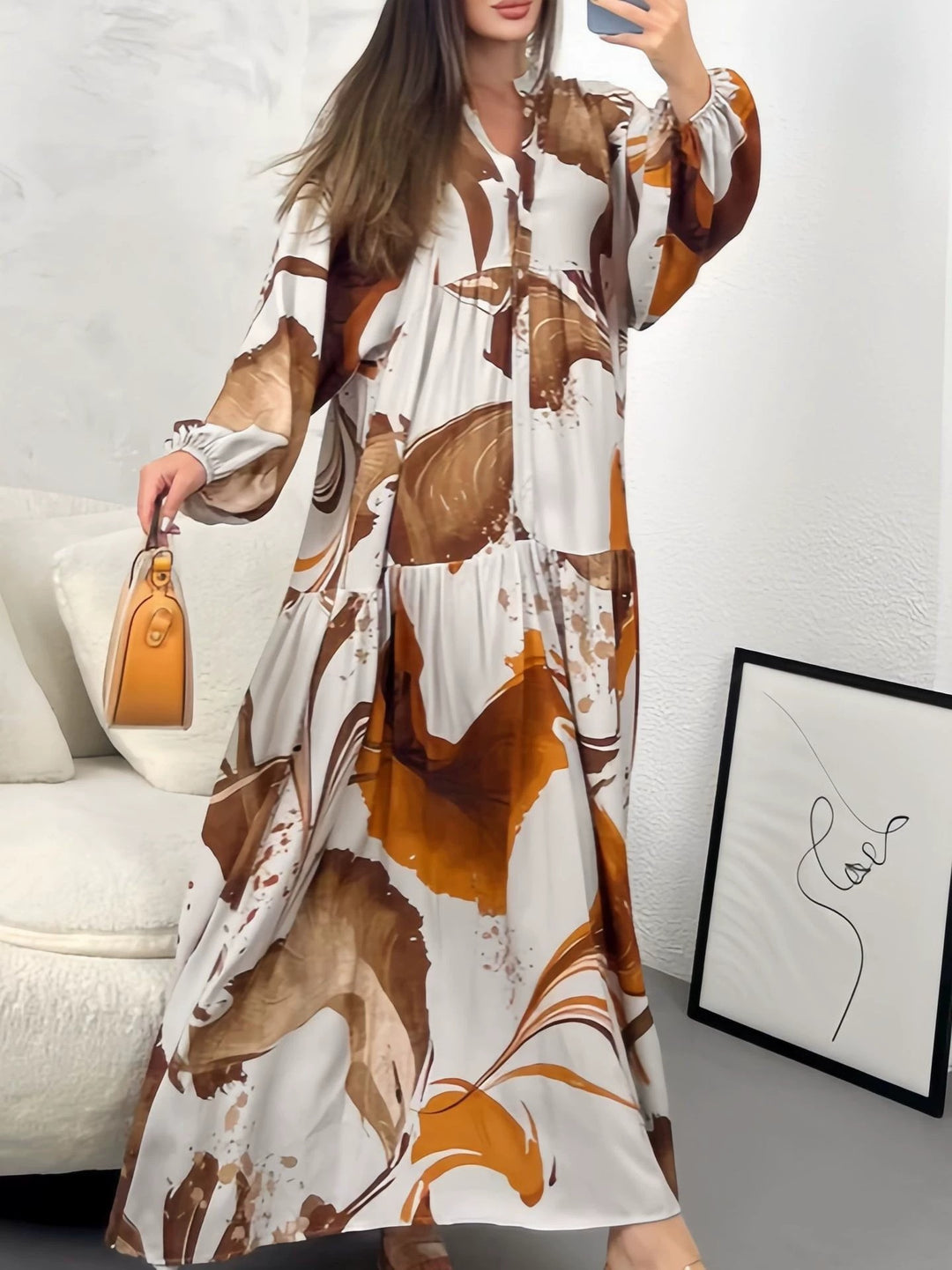 Damen Fließendes Maxikleid mit Stufenrock, überschnittenen Ballonärmeln und Stehkragen – Valéora