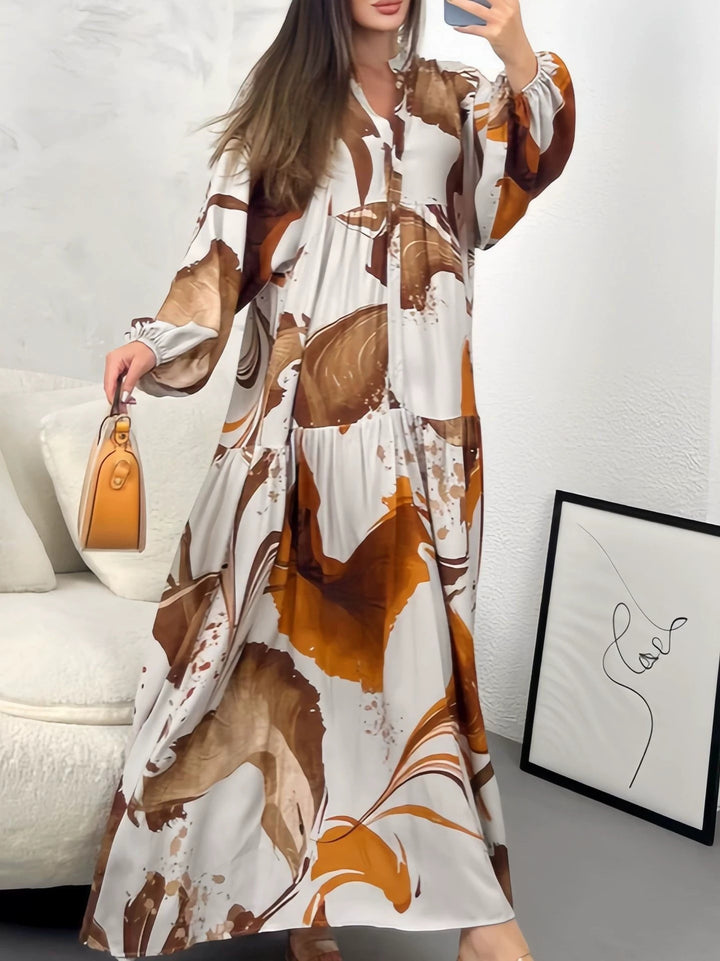 Damen Fließendes Maxikleid mit Stufenrock, überschnittenen Ballonärmeln und Stehkragen – Valéora