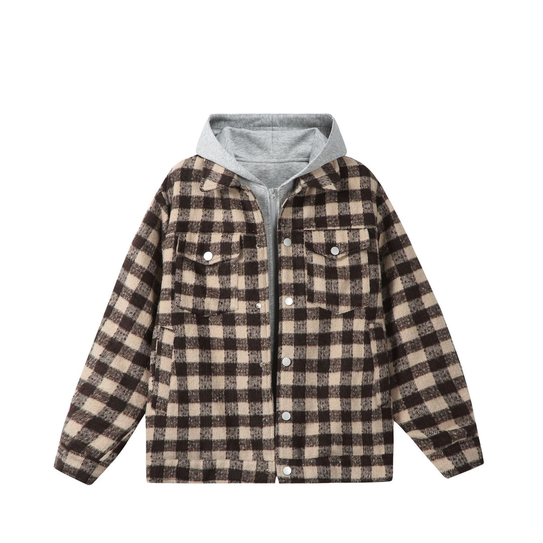 Damen Kurzblouson im Shacket‑Stil mit Karo‑Wolloptik und integrierter Sweatkapuze Echoarchiv