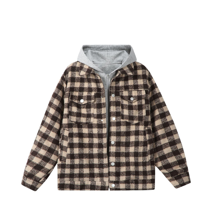 Damen Kurzblouson im Shacket‑Stil mit Karo‑Wolloptik und integrierter Sweatkapuze Echoarchiv