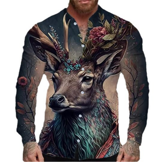 Herren Langarmhemd mit kreativem Tiermotiv und floralem Design Echoarchiv