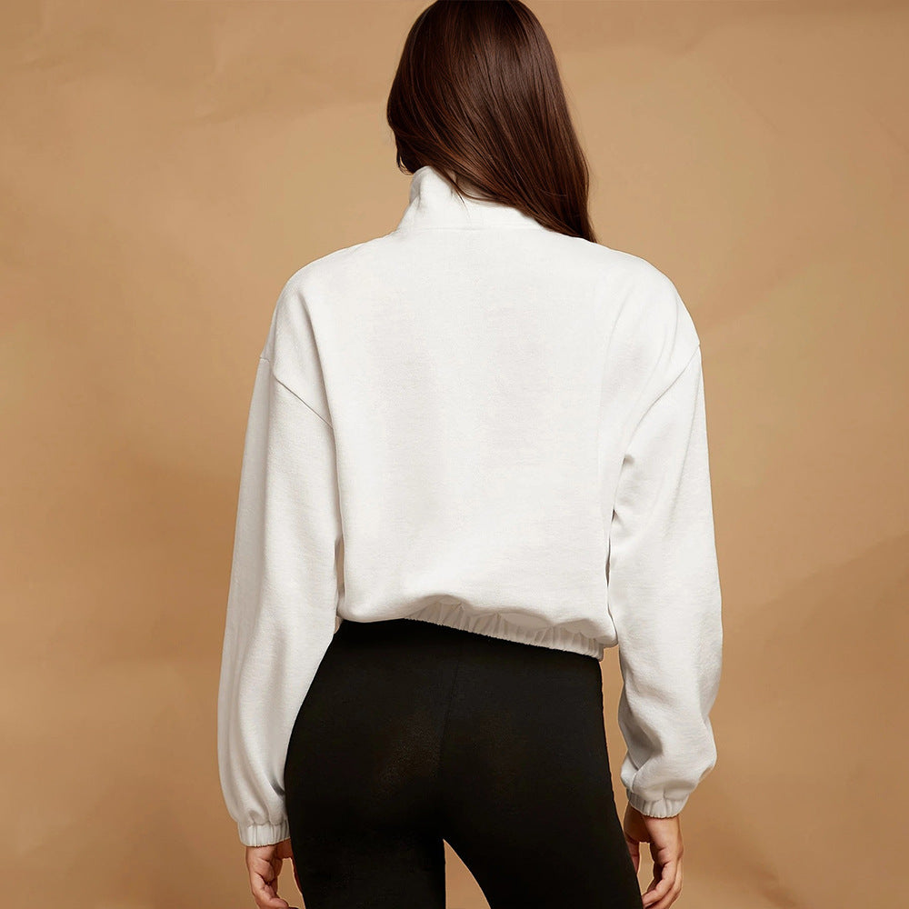 Damen halbzip Cropped Sweatshirt mit hohem Stehkragen, Kängurutasche und elastischem Saum – Auréline