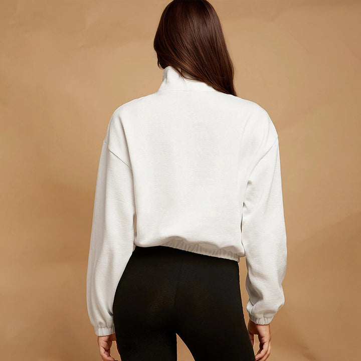 Damen halbzip Cropped Sweatshirt mit hohem Stehkragen, Kängurutasche und elastischem Saum – Auréline