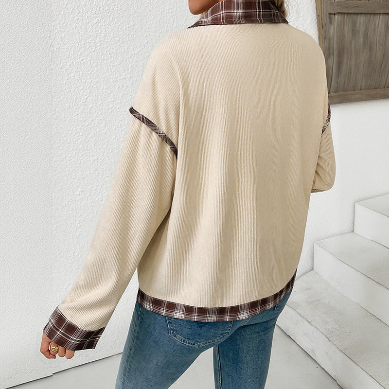 Damen Cord-Überhemd mit karierter Besatzleiste und legerer Boxy-Silhouette – Célinea