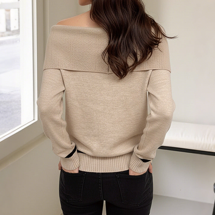 Damen Schulterfreier Strickpullover mit Rautenmuster und umgeschlagenem Kragen Echoarchiv