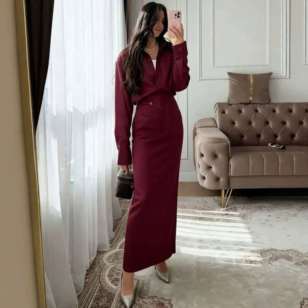 Damen Zweiteiliges Leinen-Set mit Oversized-Hemd und tailliertem Maxirock Echoarchiv