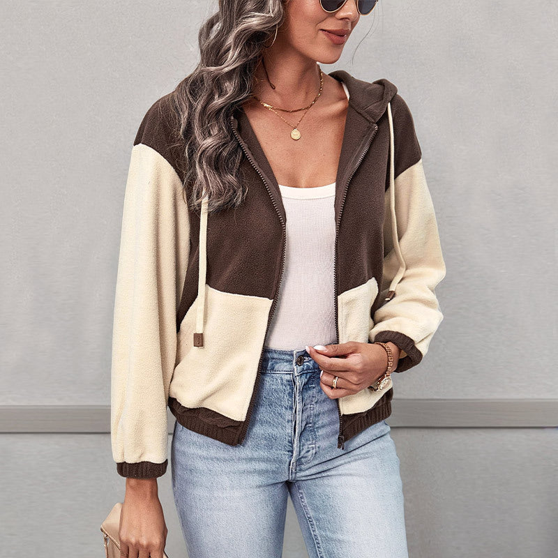Damen Colorblock-Fleecejacke mit Kapuze, Reißverschluss und Kängurutaschen Echoarchiv