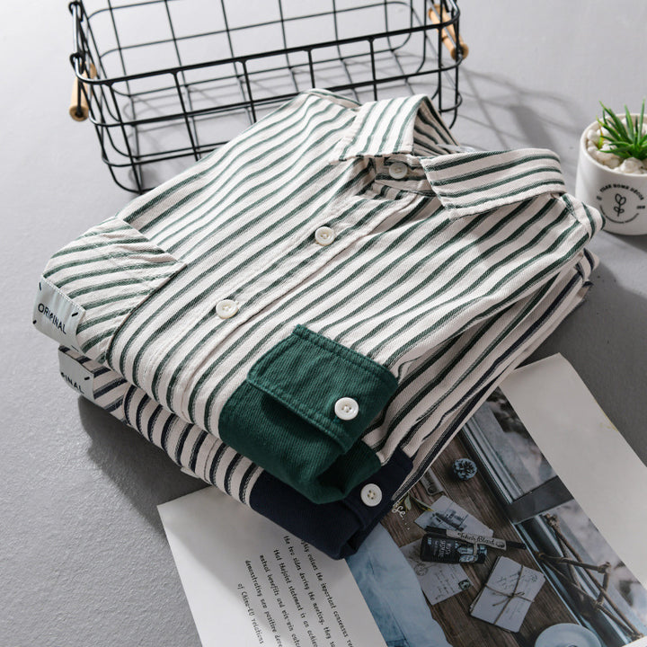 Herren Gestreiftes Overshirt mit Kontrast-Brusttaschen und Kentkragen aus Baumwollmix Echoarchiv
