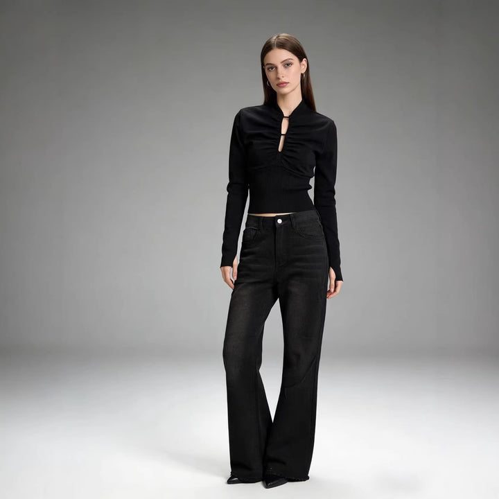 Damen nan hochgeschnittene Stretch-Flared-Jeans mit ausgefranstem Saum und taillierendem Five‑Pocket-Schnitt Echo Archiv