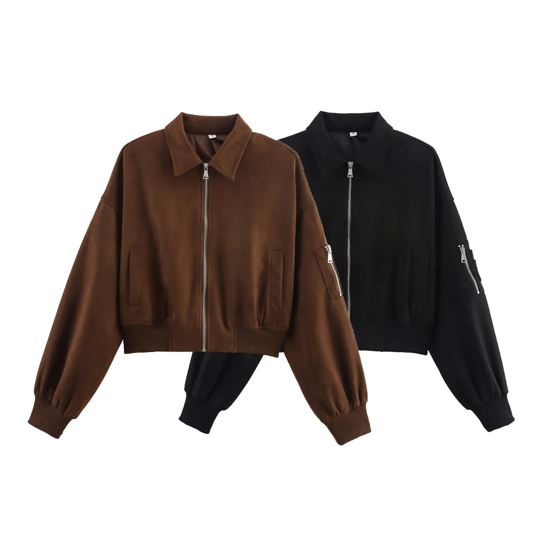 Damen cropped Bomberjacke im Velours-Look mit Reißverschluss, Ärmel-Taschen und geripptem Saum – Avenza