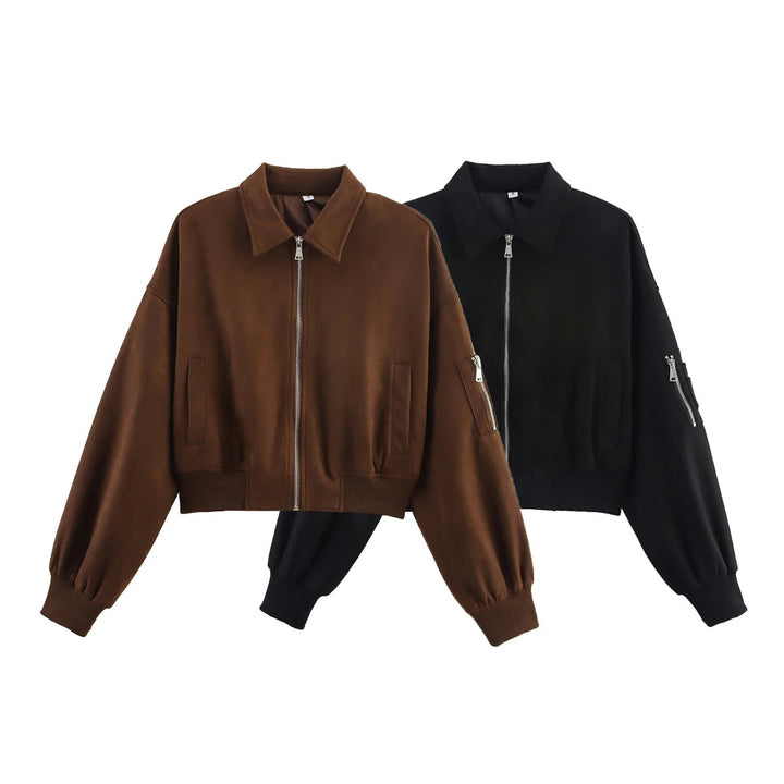 Damen nan cropped Bomberjacke im Velours-Look mit Reißverschluss, Ärmel-Taschen und geripptem Saum Echo Archiv
