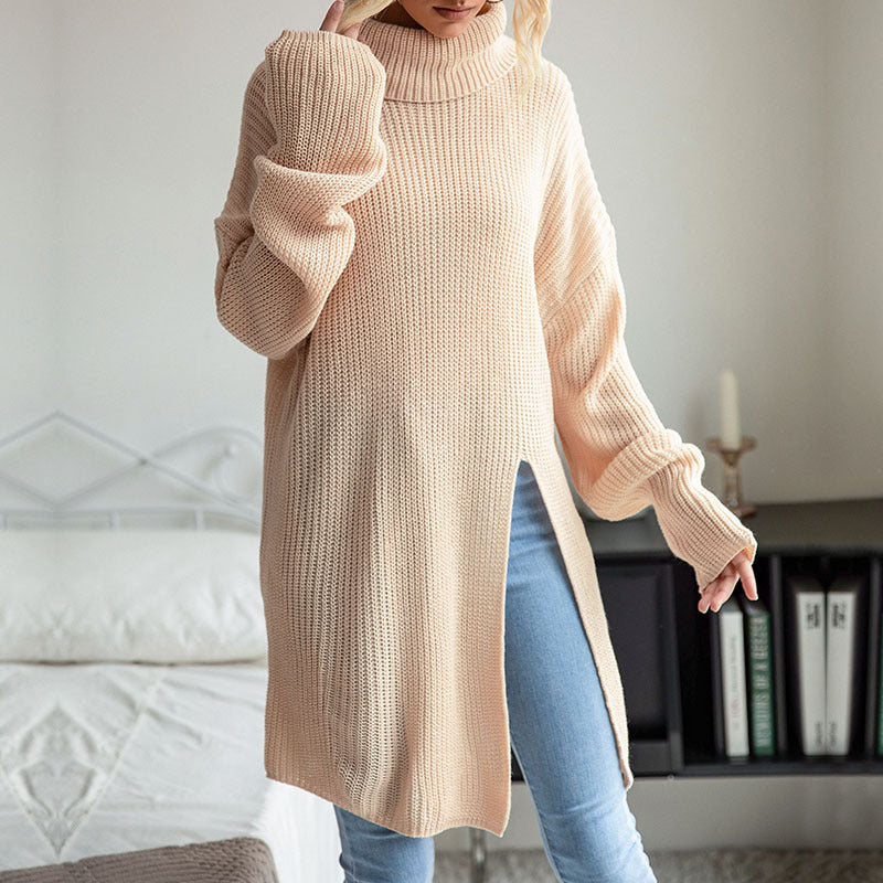 Damen Langer Rollkragen-Strickpullover als Tunika mit hohem Seitenschlitz und Oversize-Ärmeln Echoarchiv