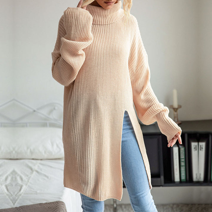 Damen Langer Rollkragen-Strickpullover als Tunika mit hohem Seitenschlitz und Oversize-Ärmeln Echoarchiv