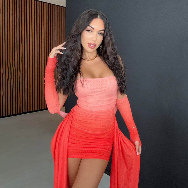 Damen Elegantes Langarmkleid mit raffiniertem Drapierungsdesign und transparenten Elementen Echo Archiv