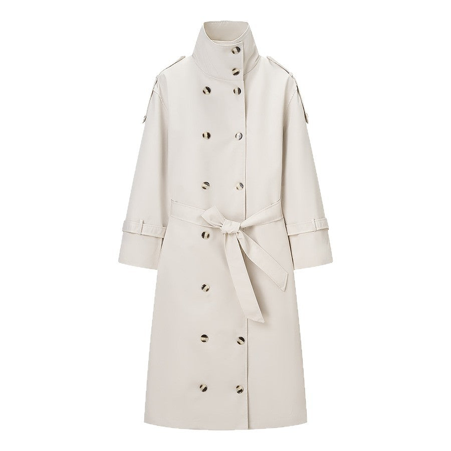 Damen Langer doppeltgereihter Trenchcoat mit hohem Stehkragen und Taillengürtel Echo Archiv