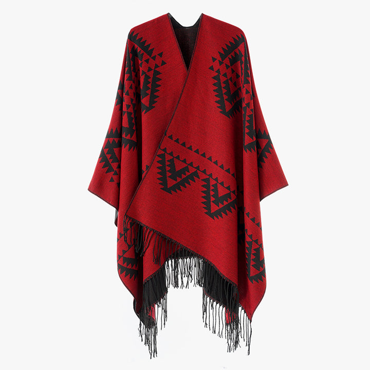 Damen Grobgewebter Jacquard-Umhang im Oversize mit Zipfelsaum und Fransensaum Echo Archiv