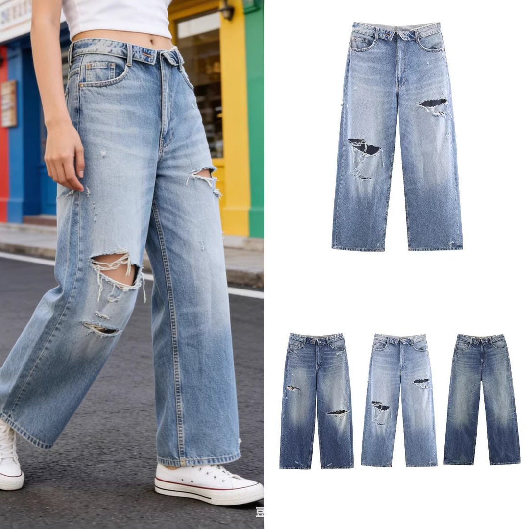 Damen Weite Destroyed-Jeans mit hoher Taille und geradem Bein Echo Archiv