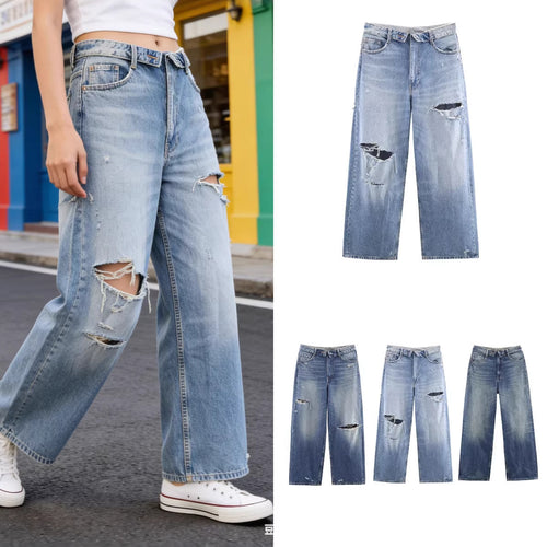 Damen Weite Destroyed-Jeans mit hoher Taille und geradem Bein Echo Archiv