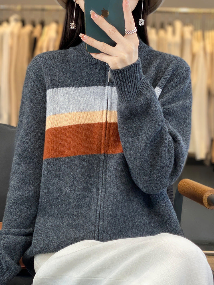 Damen Reißverschluss-Strickcardigan aus weichem Wollmix mit Blockstreifen und geripptem Saum Echoarchiv