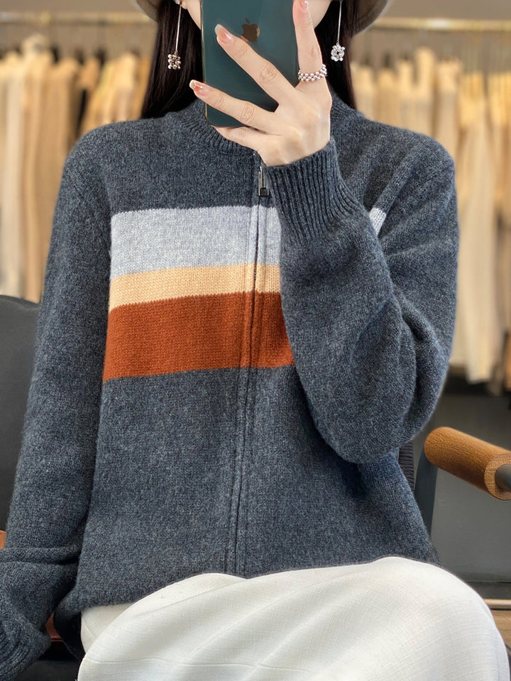 Damen Reißverschluss-Strickcardigan aus weichem Wollmix mit Blockstreifen und geripptem Saum Echoarchiv