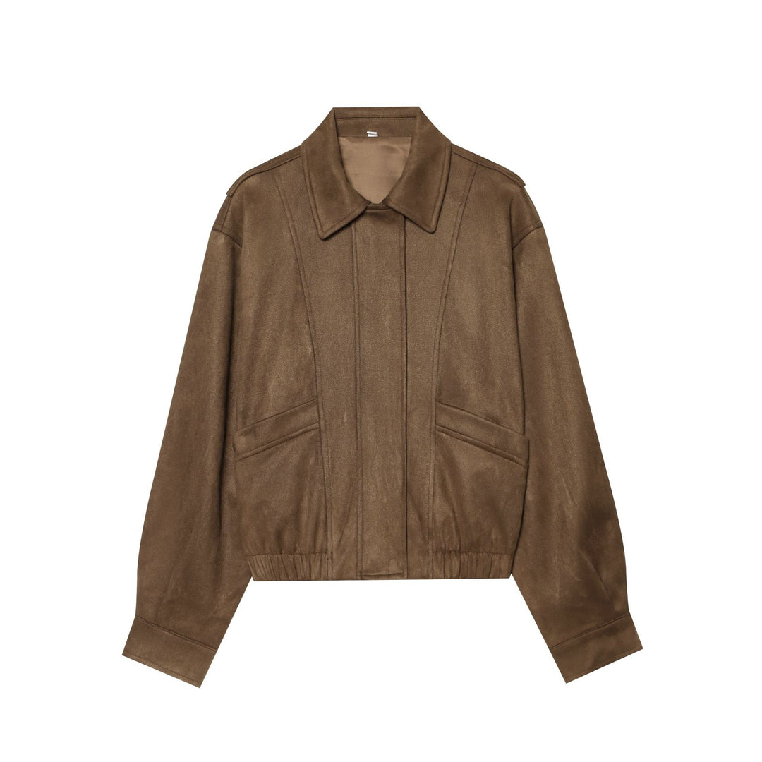 Damen Cropped Blousonjacke im Wildleder‑Look mit Hemdkragen, Epauletten und elastischem Bund Echoarchiv
