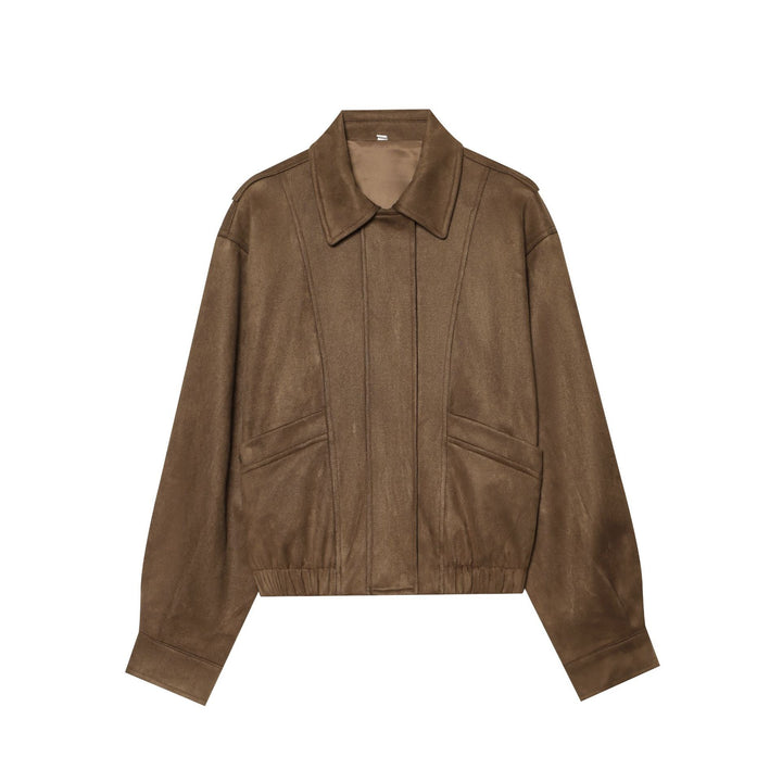 Damen Cropped Blousonjacke im Wildleder‑Look mit Hemdkragen, Epauletten und elastischem Bund Echoarchiv