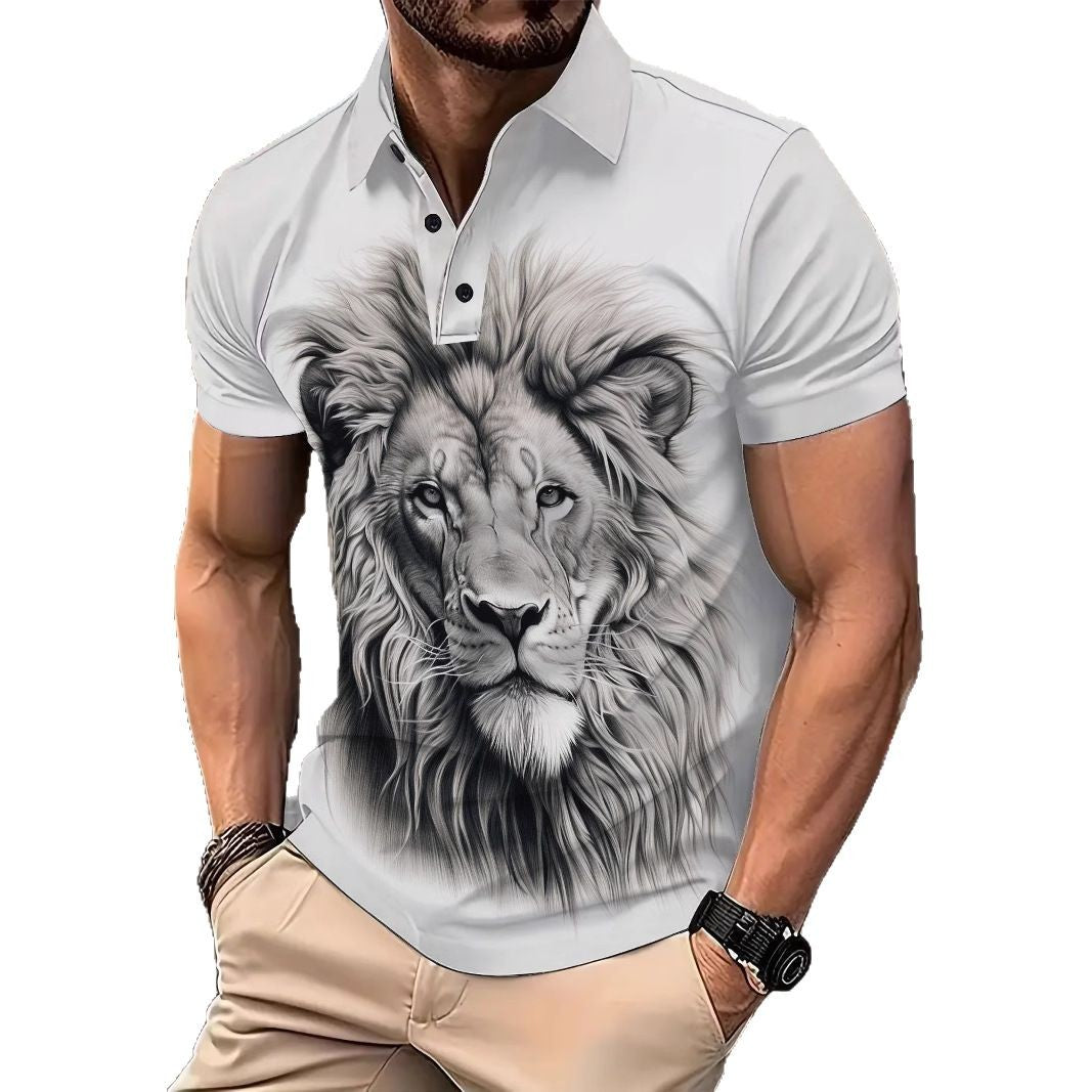 Herren Poloshirt mit kunstvollem Löwenmotiv und hochwertigem Baumwollmix Echoarchiv