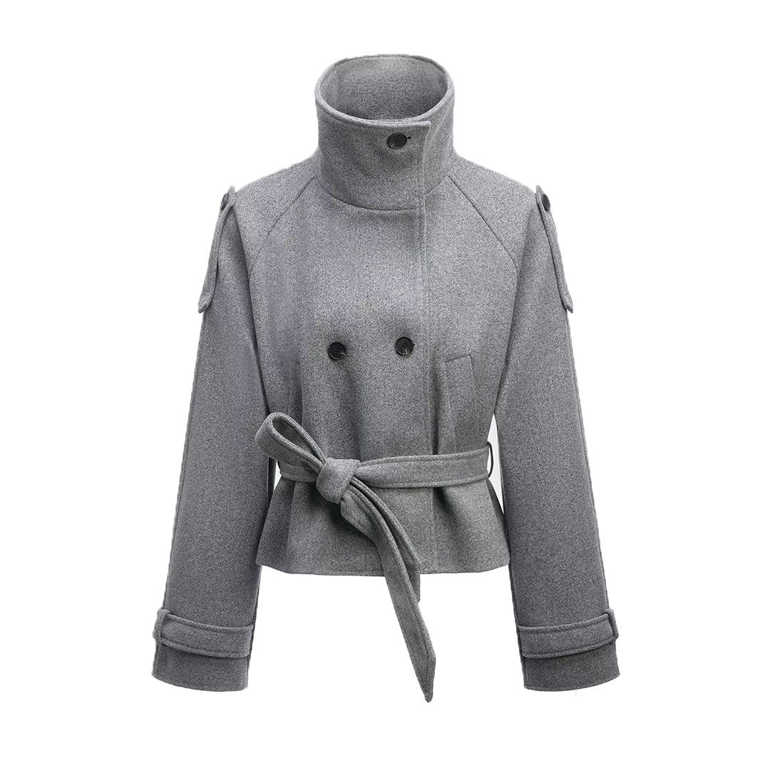 Damen Cropped Wollmix‑Kurzmantel mit hohem Stehkragen, Epauletten und Taillengürtel Echoarchiv