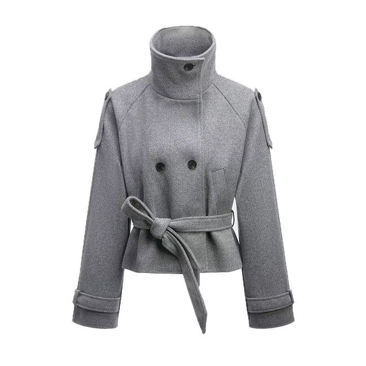 Damen Cropped Wollmix‑Kurzmantel mit hohem Stehkragen, Epauletten und Taillengürtel Echoarchiv
