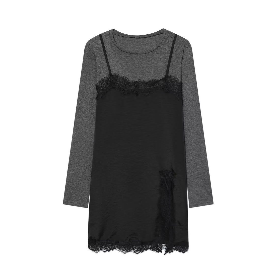 Damen Lagenlook-Longsleeve mit Satin-Slip-Einsatz und Spitzenbesatz Echoarchiv