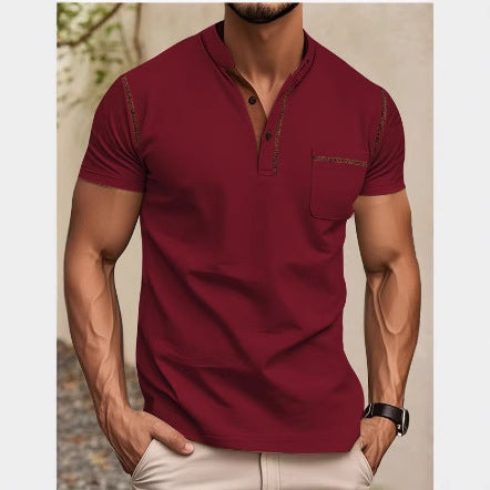 Herren nan modernes Kurzarm-Henley mit Stehkragen, Kontrastnähten und aufgesetzter Brusttasche Echo Archiv