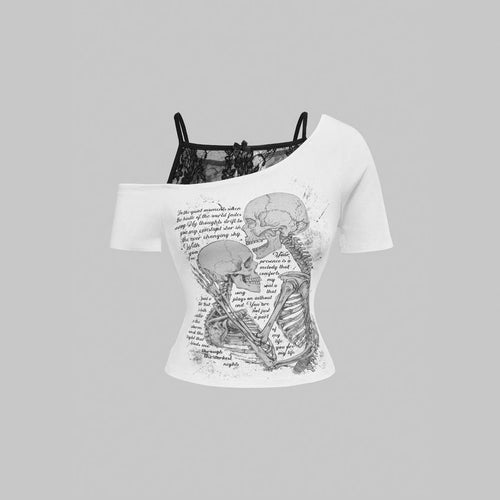 Damen Raffiniertes grafisches T-Shirt mit Spitzenunterlayer Echo Archiv
