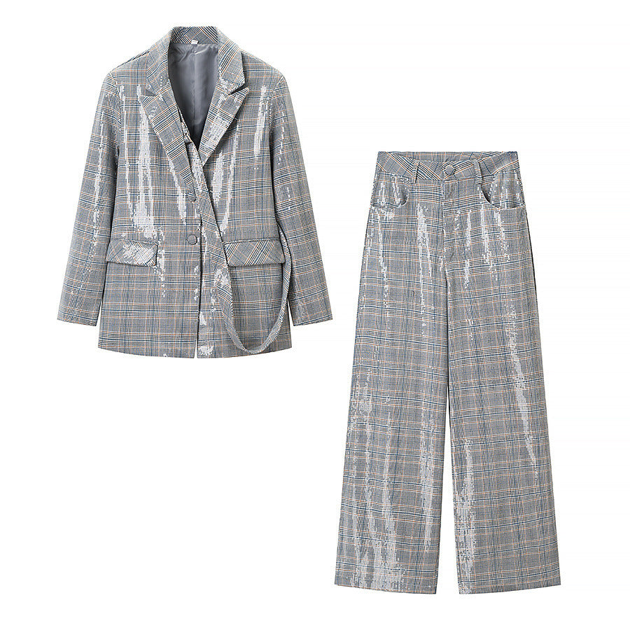 Damen Zweiteiliges Glencheck-Blazer- und Weite-Hosen-Set mit metallischem Glanz Echo Archiv