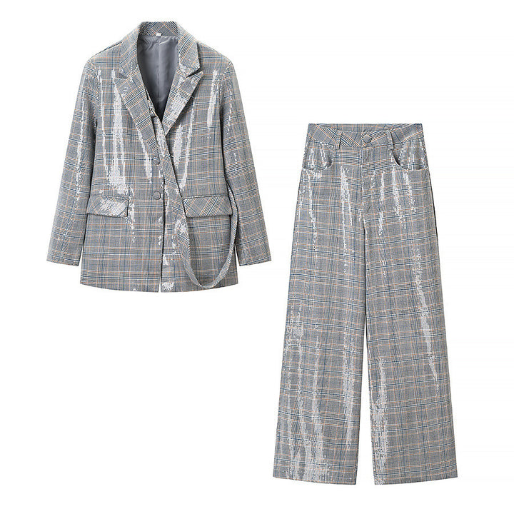 Damen Zweiteiliges Glencheck-Blazer- und Weite-Hosen-Set mit metallischem Glanz Echo Archiv