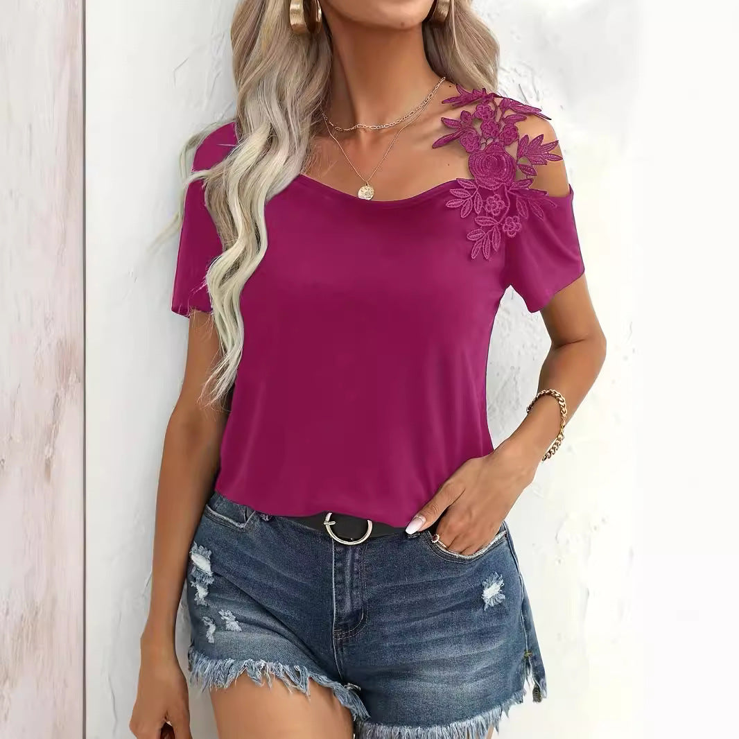 Damen nan schulterfreies Jerseyshirt mit floraler Spitzenapplikation und lockerer Passform Echo Archiv