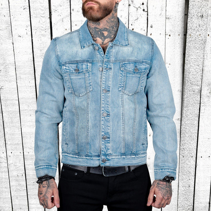 Herren nan taillierte Trucker-Denimjacke mit Pattentaschen, Metallknopfleiste und kontrastierenden Nähten Echo Archiv